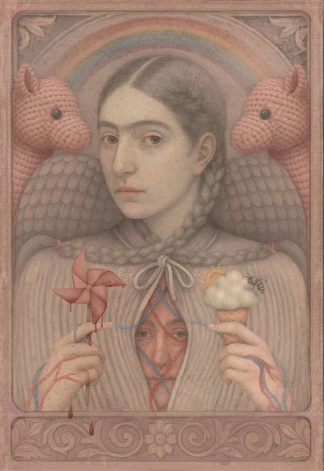 The image features a woman with long hair, wearing a white dress and holding an ice cream cone. She has a windmill attached to her back as well. The background of the painting includes two pink animals, possibly horses or sheep, which are part of the overall design. The painting is titled "Gm Childhood dreams Reserve: 0.1 Ξ Link".