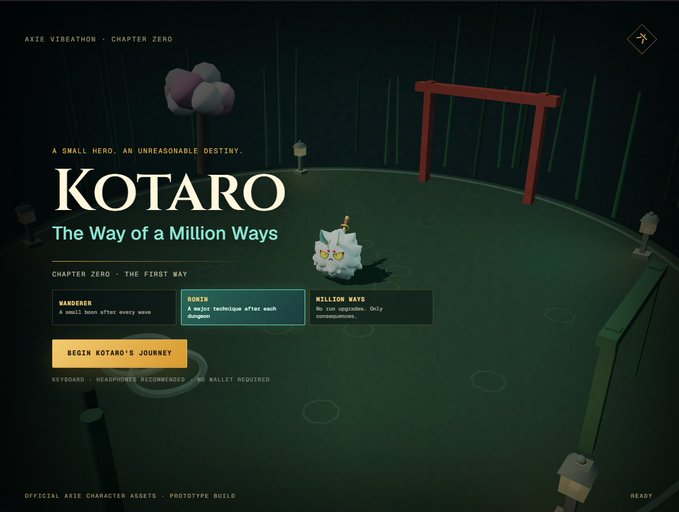 A video game screen titled 'KOTARO: The Way of a Million Ways', displaying character stats and a 'BEGIN KOTARO'S JOURNEY' button in a dark, atmospheric setting.