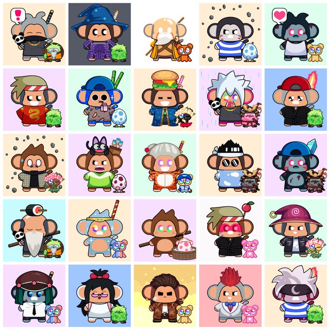 A 5x5 grid of 25 cartoon monkey NFT characters, each styled differently with various outfits, hats, and accessories in a chibi art style.