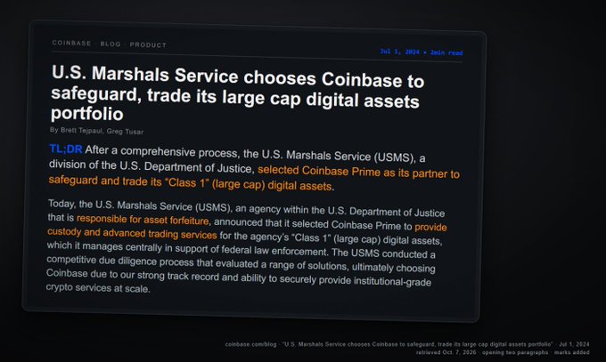 A Coinbase blog post titled 'U.S. Marshals Service chooses Coinbase to safeguard, trade its large cap digital assets portfolio' dated Jul 1, 2024, announcing Coinbase Prime as the USMS partner for custody and trading services.