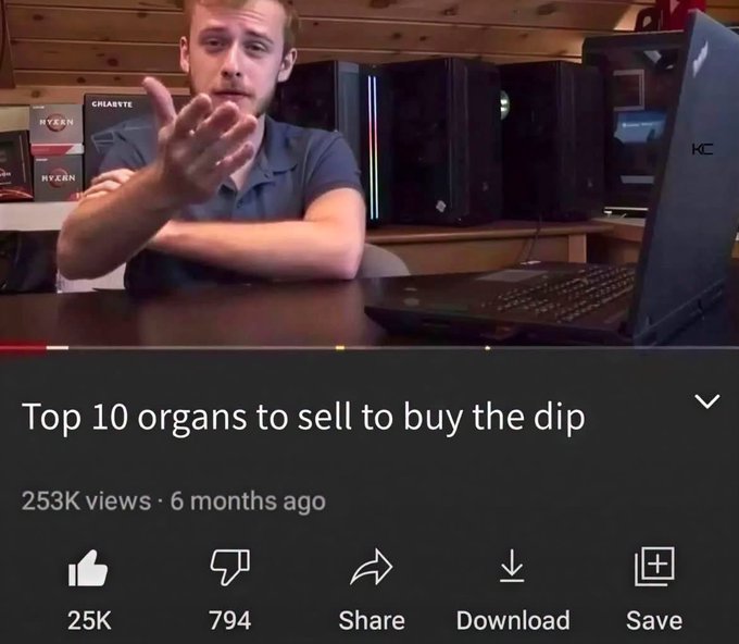 A YouTube video screenshot titled 'Top 10 organs to sell to buy the dip' with 253K views, featuring a young man gesturing in front of PC equipment boxes.
