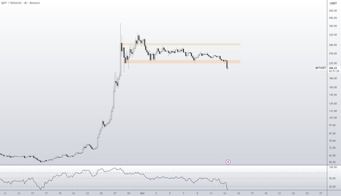 The image shows a 4-hour BTC/USD candlestick chart from Binance displaying price action between roughly $60-$400, with the current QNT/USDT rate marked at 206.23 (-21.51%), illustrating the sharp decline referenced in the post "We no gud.. lol $QNT."

**Note:** There appears to be a discrepancy — the chart title indicates "QNT/USDT" but the top-left corner shows "QNT / TetherUS" with BTC/USD labeling, suggesting either a chart misconfiguration or that QNT is being compared against BTC performance.