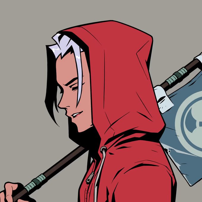 A comic book-style illustration of a character with white-streaked hair wearing a red hooded cloak and carrying a flag bearing a circular emblem.