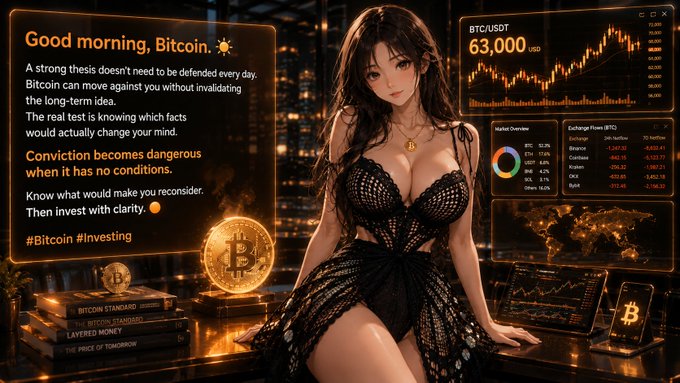 A stylized, anime-influenced promotional image featuring a woman in black beside a Bitcoin chart at 63,000 USD, with morning trading advice: 'A strong thesis doesn't need to be defended every day.'