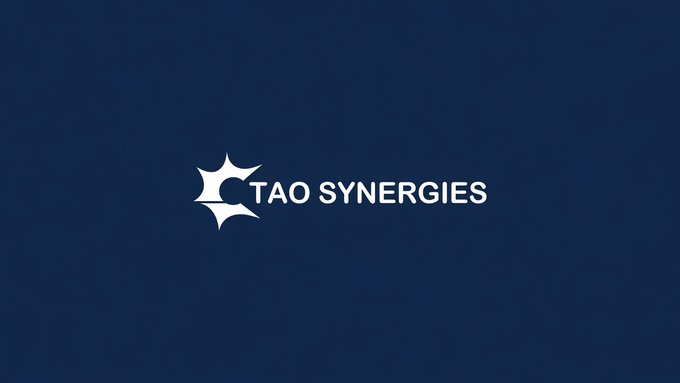 The image displays the Tao Synergies logo, featuring a stylized four-point star icon next to the company name in white text on a dark blue background. This relates to the post about $TAOX, which represents Tao Synergies' effort to bring Bittensor ($TAO) exposure to traditional investors via the Russell Index, similar to how MicroStrategy brought Bitcoin to Wall Street.