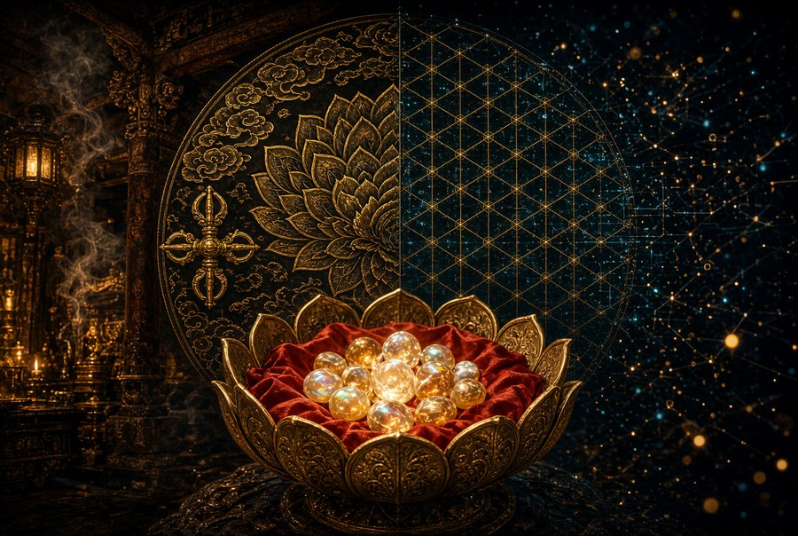 An ornate golden lotus bowl containing iridescent glowing pearls sits against a dark background split between an intricately carved temple wall on the left and a cosmic starry sky on the right.