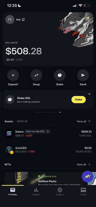 A screenshot of a cryptocurrency wallet app showing a portfolio balance of $508.28 (down 1.27%), with holdings in Solana ($508.23) and AutoCEO ($0.05), featuring options to Deposit, Swap, Stake, or Send. The image relates to "Monetization/Web3jobs" by illustrating how users can manage and monetize their crypto assets and staking rewards through a Web3 wallet interface.
