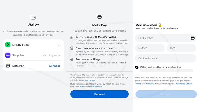 A screenshot showing Meta Pay setup, displaying wallet options (Link by Stripe, Shop Pay, Meta Pay), permissions details for agent access, and a secure card entry form with fields for card number, expiration date, CVW, and cardholder name.

The image illustrates Meta Pay's payment setup interface, supporting the post's claim about Meta Pay's potential to disrupt the payments industry by showing how it functions as a secure checkout system integrated with AI agent capabilities for managing transactions across Meta's platforms.