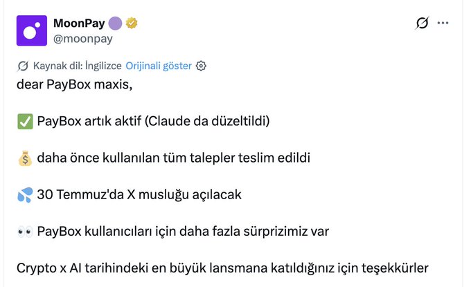 A tweet from MoonPay (@moonpay) addressed to "PayBox maxis" confirming that PayBox is now active (with Claude fixed), all previously used faucets have been delivered, the X faucet will open on July 30, and more surprises are coming for PayBox users, thanking them for participating in the biggest Crypto x AI launch in history. The accompanying post aligns with the tweet's announcement of the X faucet reopening on July 30, urging users to prepare by setting up their PayBox wallets in advance to be ready for the claim.