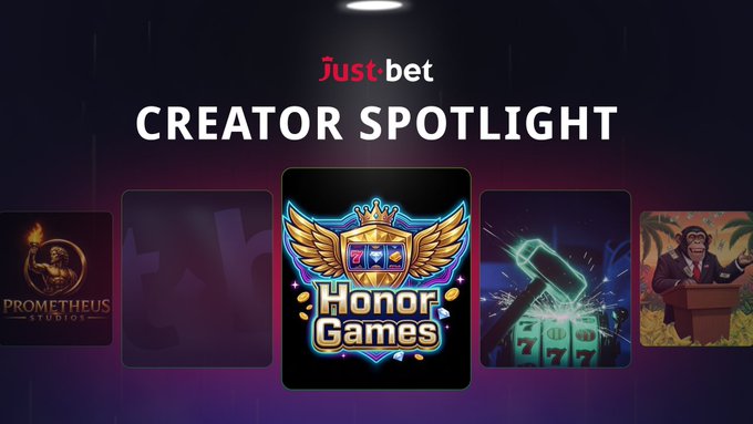 A 'Creator Spotlight' banner from Just Bet featuring Honor Games in the center, flanked by game tiles including Prometheus Studios.