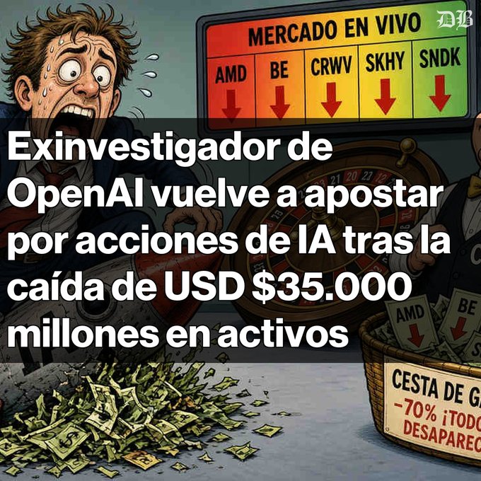 A cartoon illustration of a panicked investor in front of a 'MERCADO EN VIVO' (Live Market) board showing stock tickers AMD, BE, CRWV, SKHY, and SNDK all in red and falling. Spanish text overlay reads: 'Exinvestigador de OpenAI vuelve a apostar por acciones de IA tras la caída de USD $35.000 millones en activos' (Former OpenAI researcher bets on AI stocks again after losing $35 billion in assets).