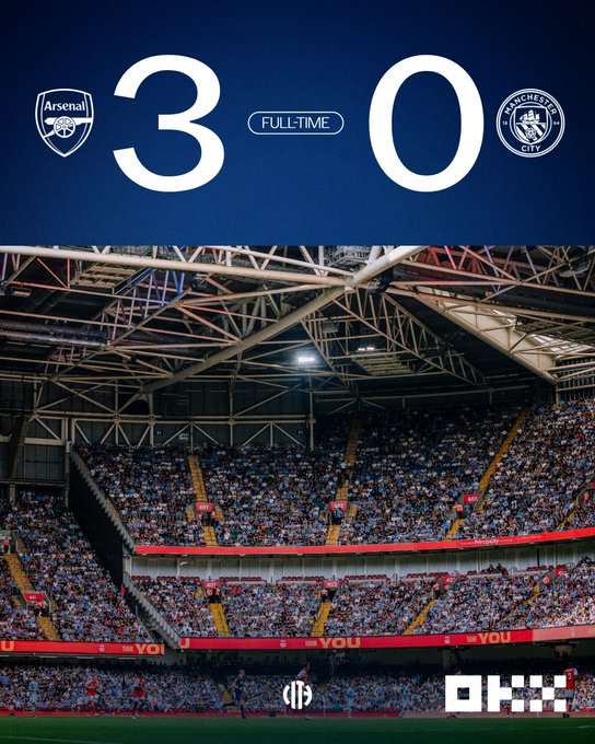A graphic displays the full-time score of Arsenal 3, Manchester City 0 above an image of a packed stadium crowd at Emirates Stadium, celebrating the Gunners' commanding victory over the reigning champions.