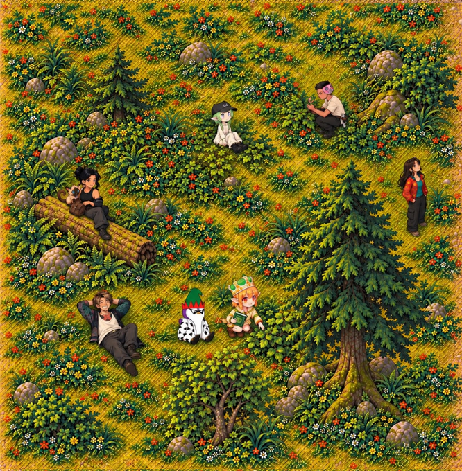 A pixel art illustration depicts several characters relaxing in a lush green field filled with flowers, trees, and rocks, including a man on a log and others scattered among the foliage.