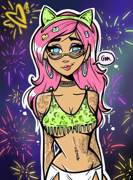 A colorful cartoon illustration of a pink-haired anime-style girl with a green cat-ear headband and green crop top saying 'Gm' in a speech bubble, set against a fireworks background.