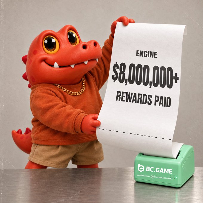 A red cartoon dinosaur mascot wearing a gold chain and brown shirt holds a long receipt emerging from a green BC.GAME printer that reads 'ENGINE $8,000,000+ REWARDS PAID'.