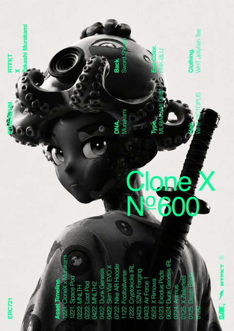 A monochromatic graphic featuring a figure with an octopus on their head, titled 'Clone X No. 600' with various asset timelines and labels including 'DNA MuraKami', 'Type MURA-X Purple', 'Eye Color PINK-BLU', and 'Clothing WHT Jellyfish Tee'.