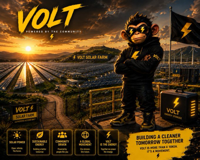 A promotional poster for 'VOLT POWERED BY THE COMMUNITY' featuring a cartoon monkey mascot in a leather jacket at a solar farm, with text including 'VOLT SOLAR FARM' and 'BUILDING A CLEANER TOMORROW TOGETHER'.