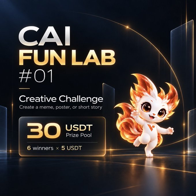 A promotional graphic for the "CAI FUN LAB #01" Creative Challenge, featuring a cute white and orange flame-tailed mascot beside details announcing a 30 USDT prize pool split among 6 winners (5 USDT each) for meme, poster, or short story entries ending October 14.