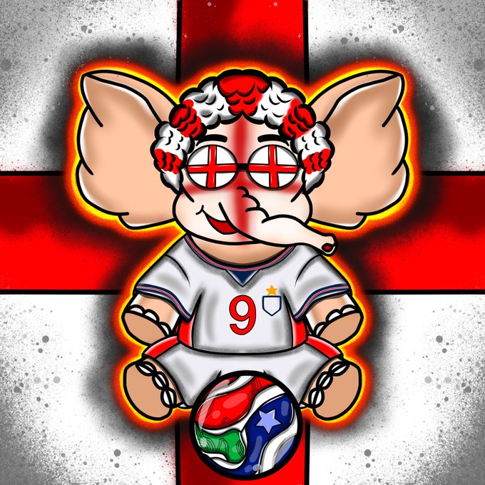 A cartoon elephant mascot wearing an England football shirt with the number 9 and glasses with the England flag, sitting with a soccer ball against an English flag background.