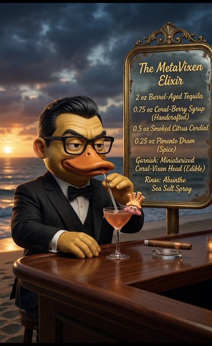 Stylized digital artwork of an anthropomorphic duck bartender in a tuxedo serving 'The MetaVixen Elixir' cocktail with a detailed recipe displayed on an ornate menu board.