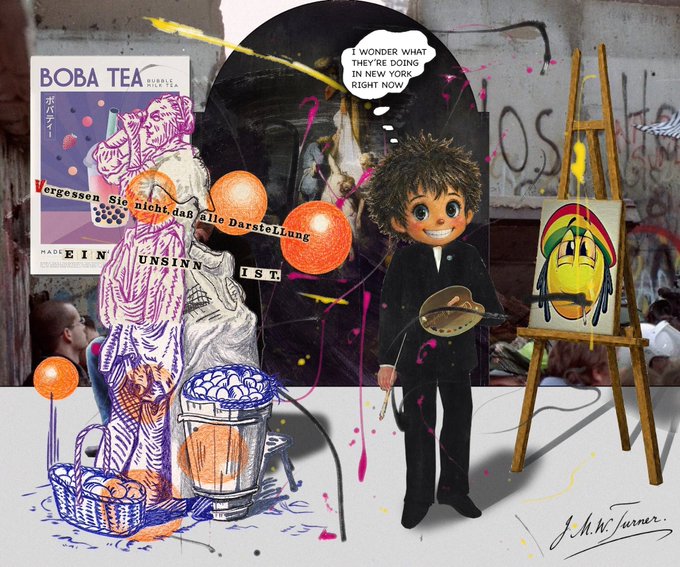 A mixed-media collage shows a cartoon figure in a suit with spiky hair saying "I WONDER WHAT THEY'RE DOING IN NEW YORK RIGHT NOW," alongside a Boba Tea sign and a portrait on an easel.