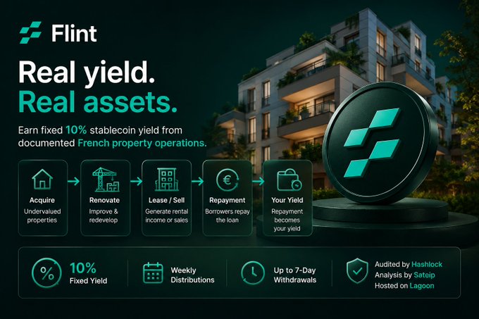 The image shows a green circle with a white diamond shape at its center, which appears to be a yield token. The text above the circle reads "Flint Real Yield" and "Real Assets", while below it there are descriptions of different types of real assets that can be invested in through the yield protocol. The post also provides information about how to ask questions related to the yield's source, such as whether it comes from token emissions or fees generated by the protocol itself.