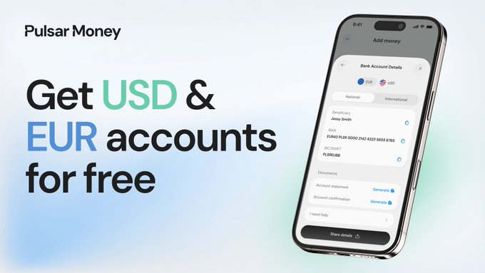 An advertisement for Pulsar Money reads 'Get USD & EUR accounts for free' alongside a smartphone mockup showing an 'Add money' interface with bank account details.