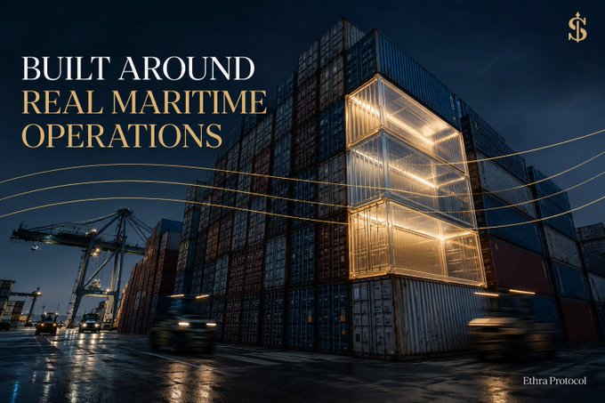 An Ethra Protocol promotional image showing illuminated stacked shipping containers at a port at night with the text 'BUILT AROUND REAL MARITIME OPERATIONS.'