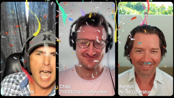 Three men appear in a split-screen video call celebrating with animated confetti, labeled "Denny Runebond.com," "Chad THORChain Cofounder," and "Kenton Node Operator," promoting the newly released THORChain podcast episode on YouTube.