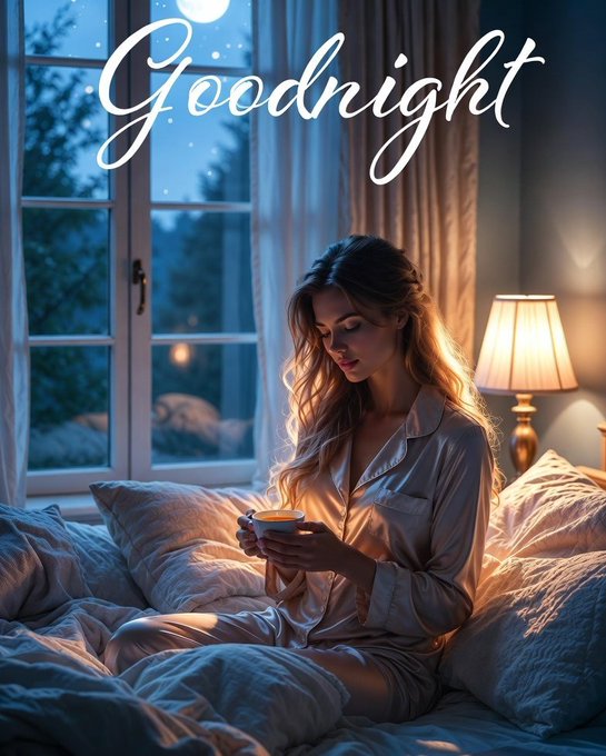 A serene nighttime scene shows a woman in pajamas sitting on a bed holding a mug, with a full moon visible through a large window and "Goodnight" elegantly written across the top.