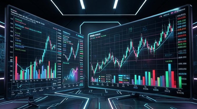 Two large monitors display stock trading charts with red and green candlestick patterns, line graphs, and volume bars against a dark futuristic background with glowing neon accents.