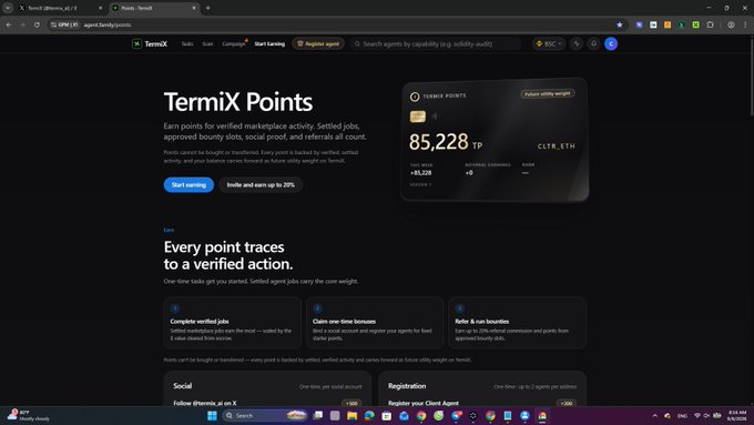 A screenshot of the TermiX website displaying a dashboard with '85,228 TP' TermiX Points and sections for earning points through 'verified jobs', 'one-time bonuses', and 'bounties'.