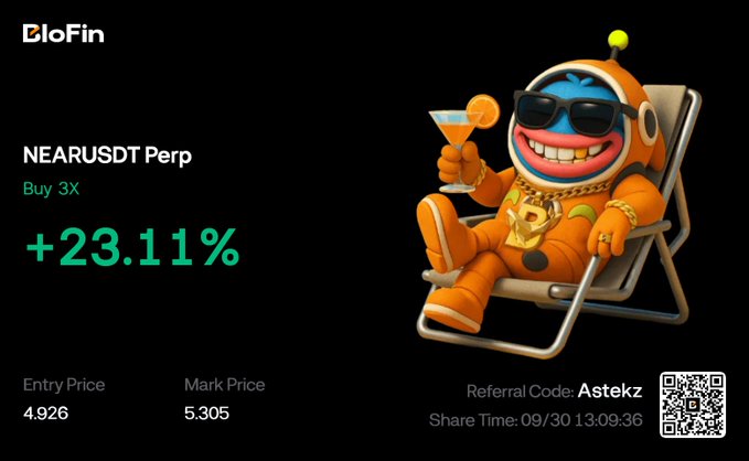 The image is a BloFin promotional graphic showing a profitable NEARUSDT Perp position with a 3X buy at entry price 4.926 and current mark price 5.305, yielding a +23.11% gain, shared at 09/30 13:09:36 under referral code Astekz. The accompanying partner link (partner.blofin.com/d/Astekz) corresponds to the referral code displayed, promoting the trader's BloFin affiliate program.