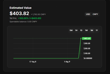A financial dashboard showing an 'Estimated Value' of $403.82, a 1-month profit of +$403.82 (+100%), and a balance of 0.00 CHYP with a line graph displaying the value spike to 403.82.