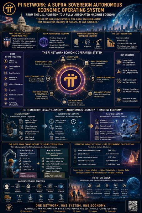 A detailed infographic titled "Pi Network: A Supra-Sovereign Autonomous Economic Operating System" outlining its vision from U.S. adoption to a fully automated machine economy, featuring sections on the legacy-to-autonomous-to-machine economy transition, tax shifts, potential cost savings ($18 billion IRS, $26 trillion GDP, etc.), and the future vision emphasizing human-AI collaboration. Key components include KYC/KYB infrastructure, smart contracts, decentralized compute, and an AI agent layer, with Pi coin (π) at the center of the economic model.