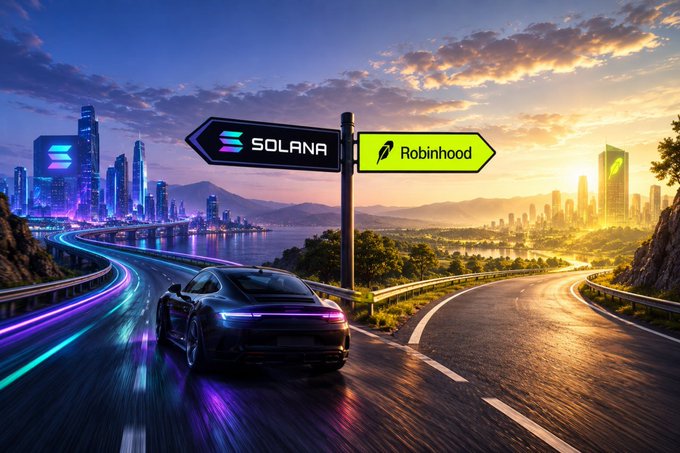 A sleek sports car pauses at a fork in the road beneath a directional signpost offering two choices: "SOLANA" (left, glowing in cyan) and "Robinhood" (right, in green), visually representing the post's question about choosing between building on the Solana blockchain or the Robinhood platform. The dramatic sunset cityscape with two diverging highways reinforces the metaphor of a pivotal tech decision.