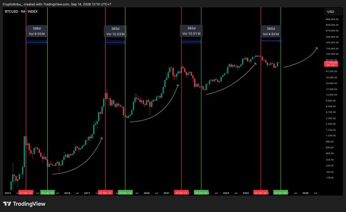 A TradingView candlestick chart of BTCUSD on a monthly timeframe with annotations marking all-time highs (29K, 20K, 69K, 108K) and corresponding halving dates (May 2020, May 2024, etc.).