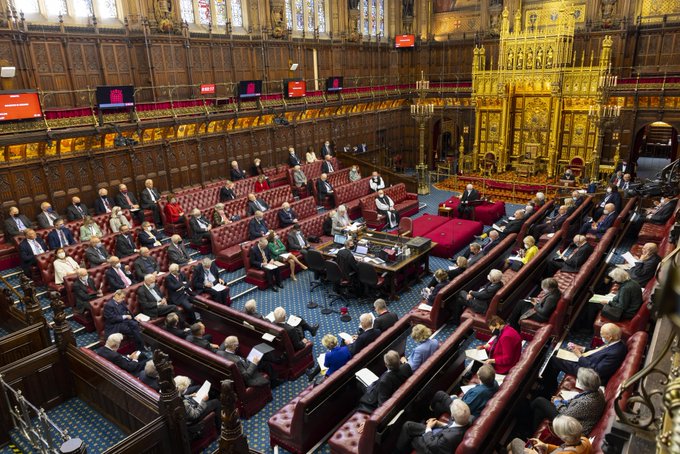 Interior view of the House of Lords chamber in the UK Parliament, with members seated on red benches around a central table.