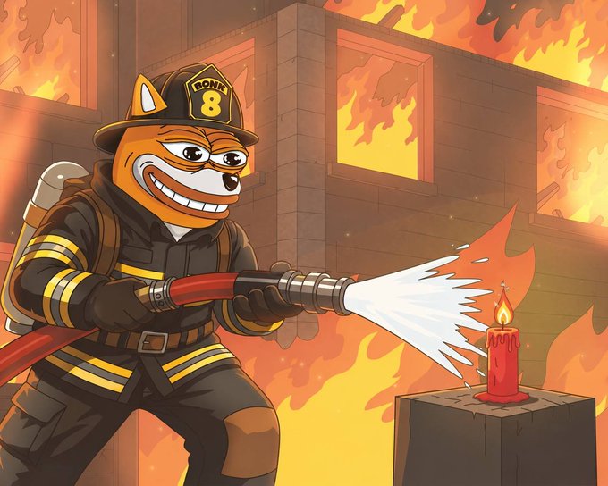 Stylized cartoon illustration of a grinning firefighter dog in a yellow helmet spraying a powerful jet of water from a hose onto a small lit candle amid a burning building.