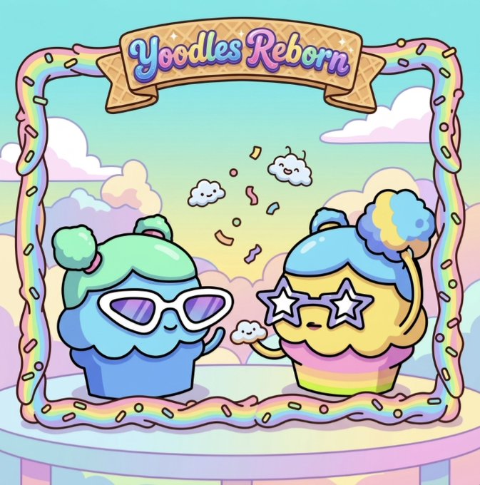 A colorful illustration titled 'Yoodles Reborn' featuring two cute cupcake characters wearing sunglasses (one star-shaped, one regular) with a rainbow border and pastel cloud background.