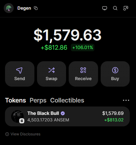 The image shows a crypto wallet portfolio screenshot displaying a balance of $1,579.63 with a notable gain of +$812.86 (+106.01%), featuring "The Black Bull" token with holdings of 4,503.17203 ANSEL. The caption ties into the accompanying post by showcasing a wallet that has turned roughly $750 worth of ANSEL into over $1,500—illustrating the token's performance as proof of the poster's claim to give away $1,500 in $ANSEM to a follower.