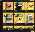 A pixel art sprite sheet displaying various yellow square character designs with different facial expressions, clothing, and accessories.