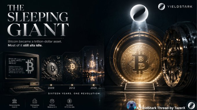 A promotional graphic titled "THE SLEEPING GIANT" by YieldStark, featuring a glowing Bitcoin coin emerging from a vault with the tagline "Bitcoin became a trillion-dollar asset. Most of it still sits idle," alongside a timeline marking Bitcoin's evolution from 2009 to 2025 under the banner "SIXTEEN YEARS. ONE REVOLUTION."