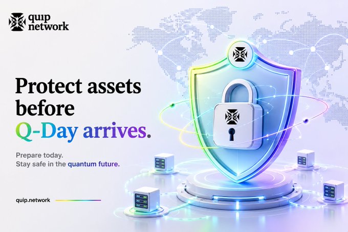 Marketing image for Quip Network featuring a large shield with a padlock and the text 'Protect assets before Q-Day arrives. Prepare today. Stay safe in the quantum future.'