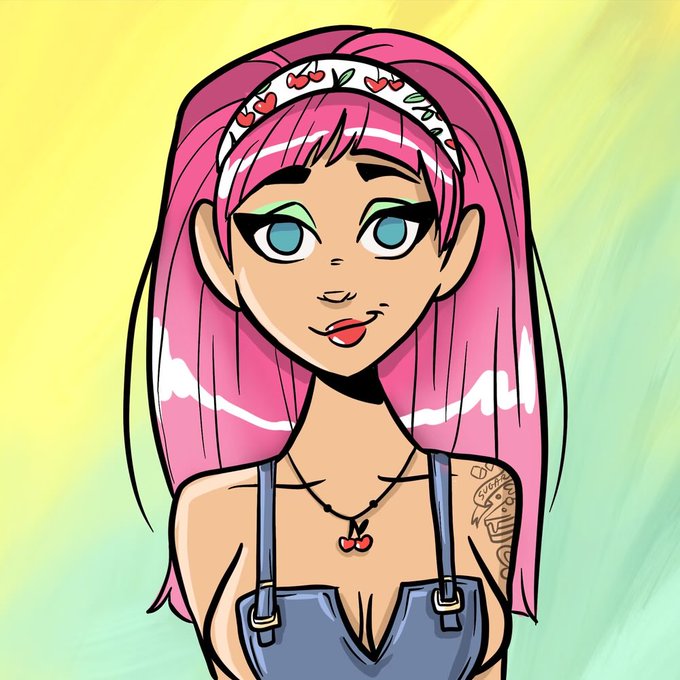 A cartoon-style illustration depicts a girl with pink hair, a cherry-patterned headband, blue eyes, and a cherry necklace, with a small tattoo visible on her left shoulder.