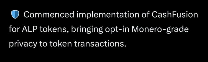 A black text box with a blue shield emoji stating: 'Commenced implementation of CashFusion for ALP tokens, bringing opt-in Monero-grade privacy to token transactions.'