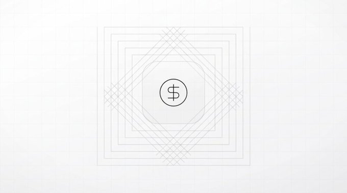 A minimalist geometric design featuring concentric squares and diamonds in light blue/gray lines on a white background, with a dollar sign ($) in the center circle.