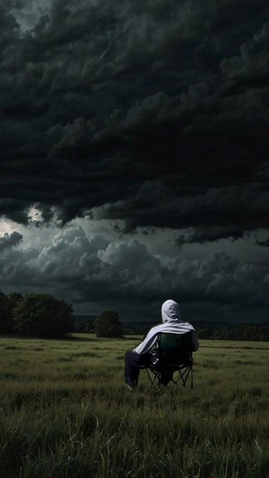 A person in a hoodie sitting in a camping chair in a grassy field, facing away from the camera toward a dramatic dark, cloudy sky.