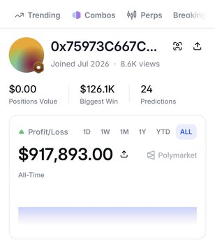 A trading leaderboard profile for user '0x75973C667C...' showing an All-Time Profit/Loss of $917,893.00, a biggest win of $126.1K, and 24 predictions on Polymarket.