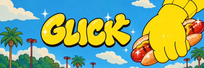 The image shows a vibrant cartoon banner featuring a yellow cartoon hand holding a hot dog, with the bold text "GLICK" prominently displayed alongside palm trees and a bright blue sky. The banner visually ties into the post by showcasing the iconic "diamond hands" and hot dog meme branding associated with the $GLICK token on Robinhood Chain.